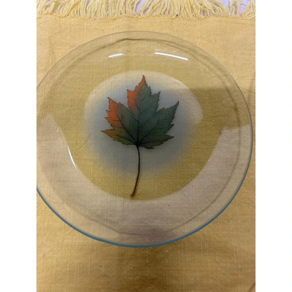 Fall Leaves Luncheon Plates‎ Clear Glass with Applique Leaves 5 Plates
